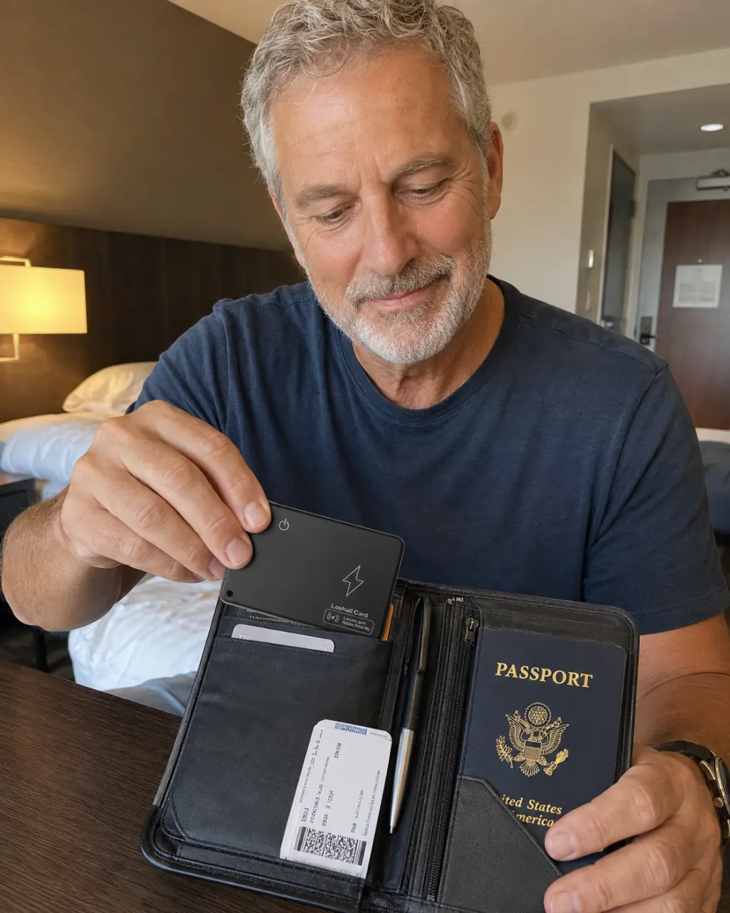 Man placing FindCard Pro into a travel document holder
